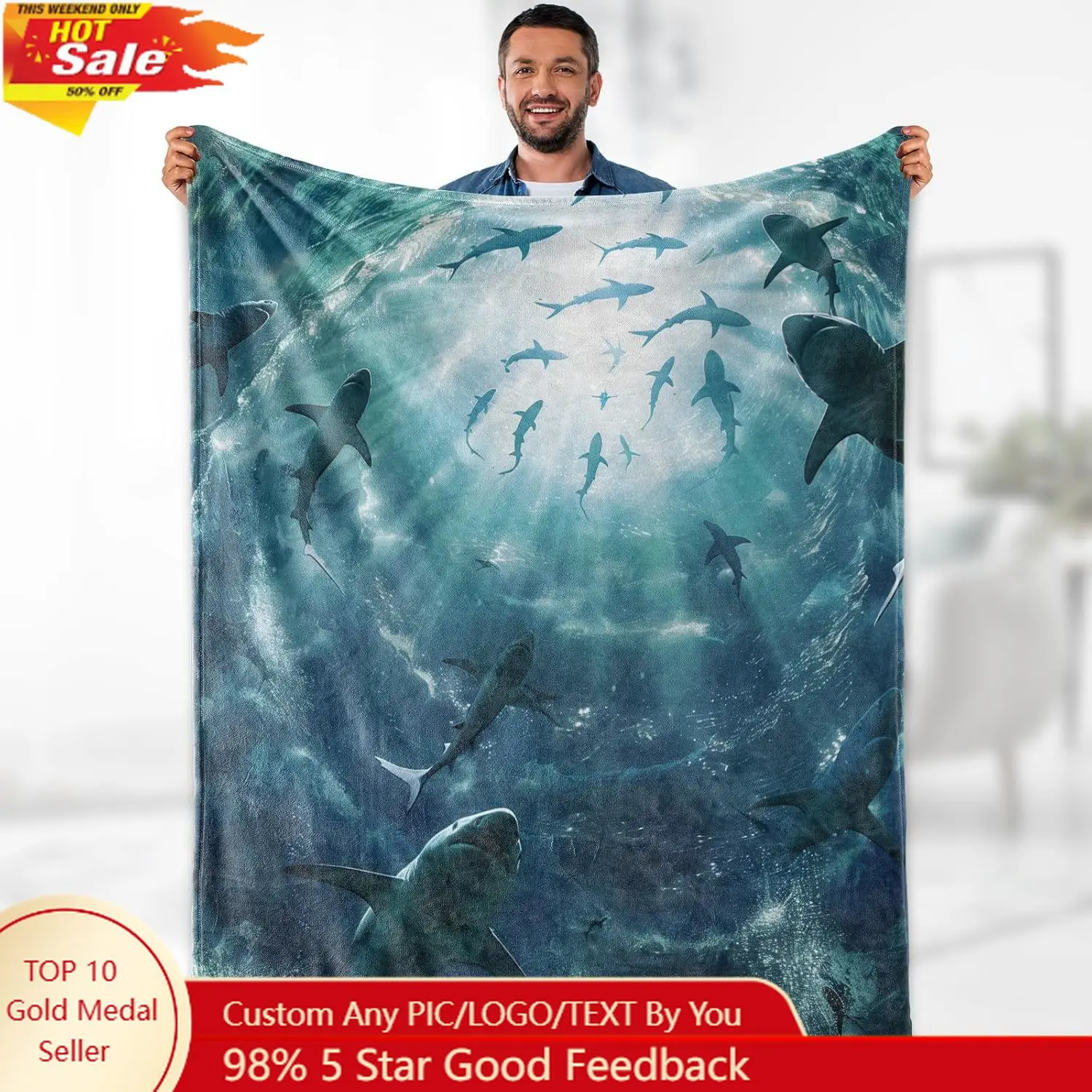 

Shark Ocean Blanket Gifts Sea Nautical Lovers Creature Nautical Themed Underwater World Throw for Kids Adults Custom blankets
