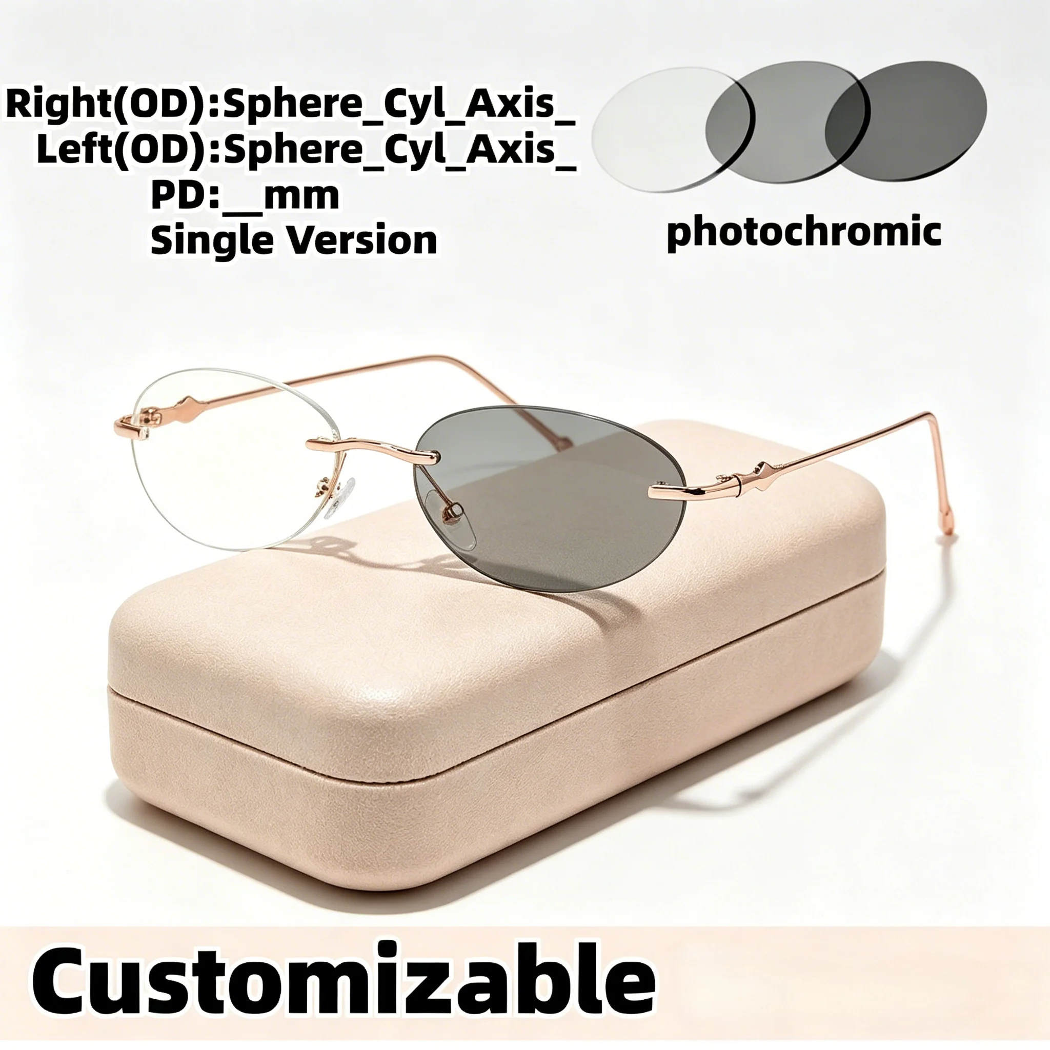 

Customizable Rimless Photochromic Prescription Glasses Rose Gold Frame Anti Blue Light Myopia Eyeglasses for Men Women Daily Use