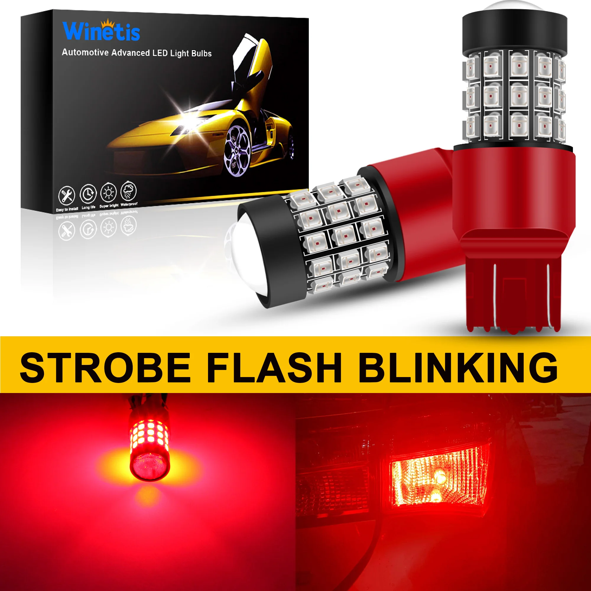 

Winetis 2X T20 7440 7443 LED Strobe Brake Lights Bulbs Bright Red Flashing Stop Lamps W21W 7440LL 7443LL Strobe LED Tail Lights