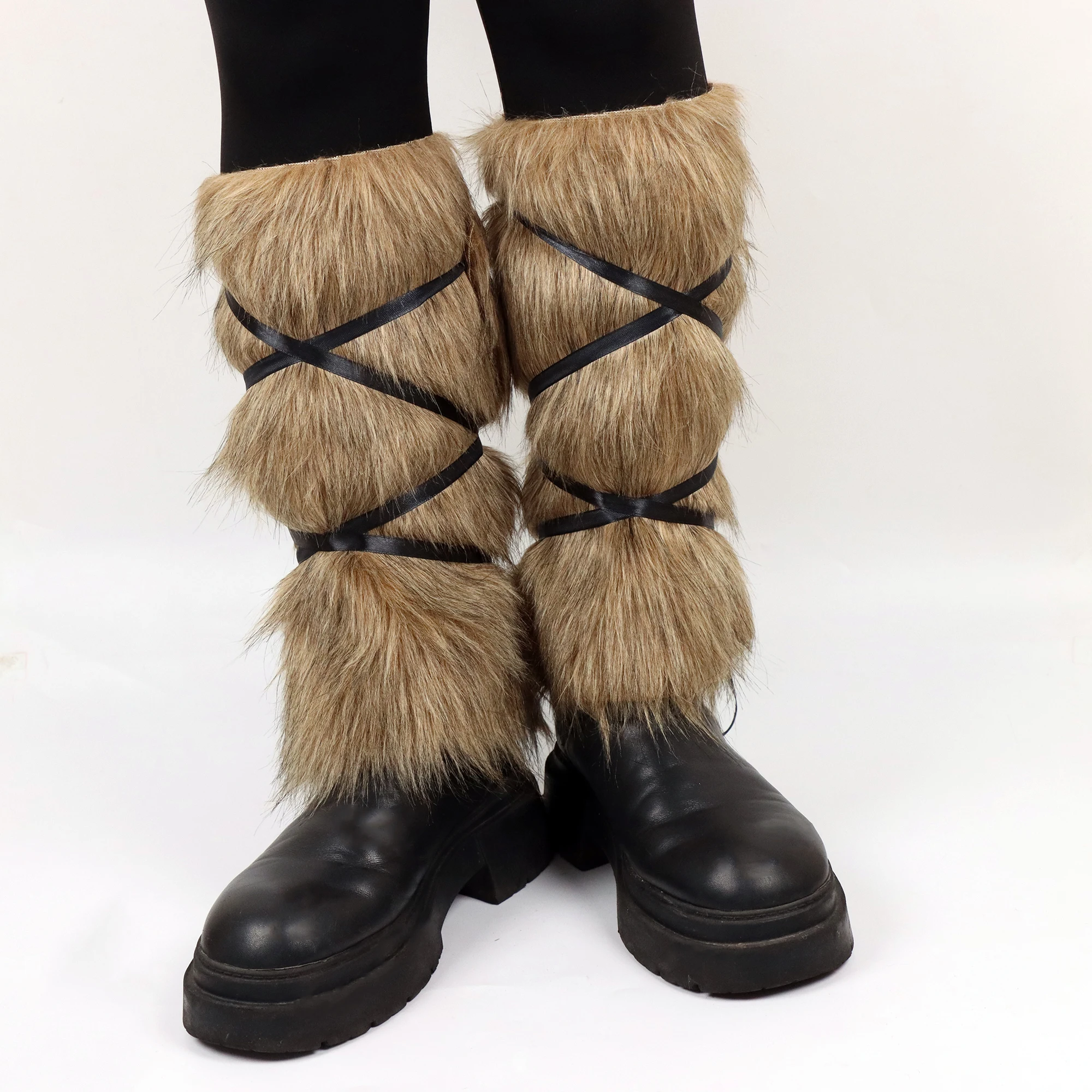 2 pezzi medievale in pelliccia sintetica calda per le gambe, copristivali, costume vichingo di Halloween, accessori per costumi personalizzati