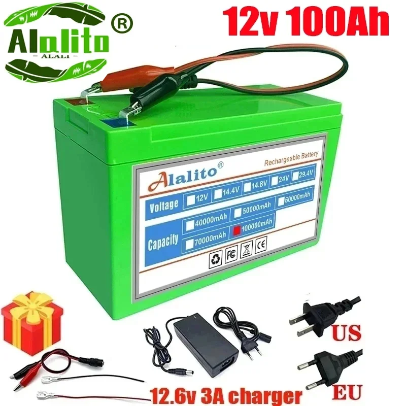 

New 12V 40Ah 50Ah 100Ah lithium Battery Pack Lithium Iron Phosphate Batteries Built-in BMS For Solar Boat+12.6V Charger