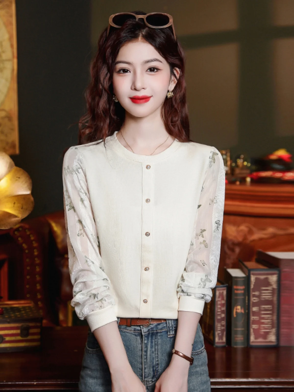 

Faionable Print Chiffon Long Sve Knitted T-irt Women's Early Autumn New Sle Base irt Korean Sle Commute