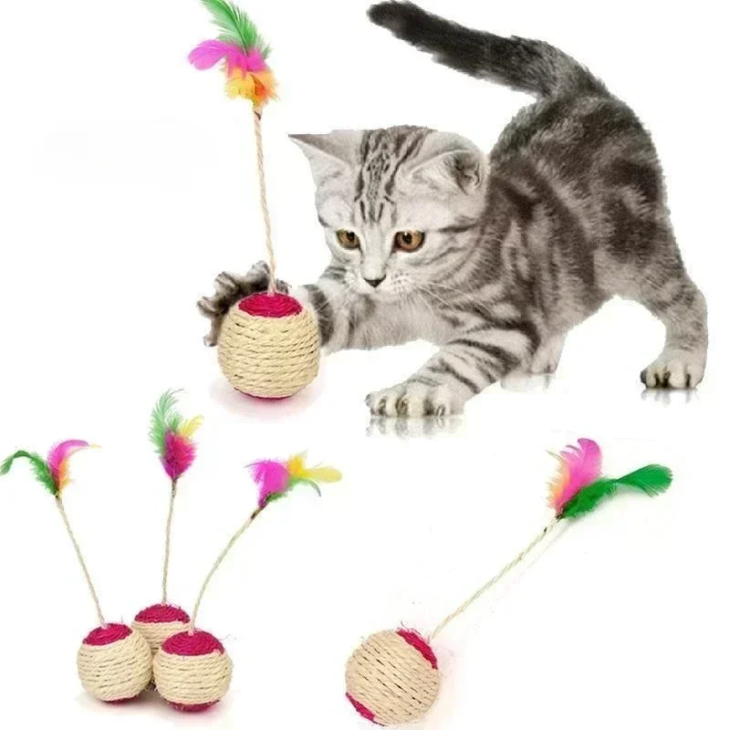 1 pièce Jouet interactif pour chat, balle à gratter en sisal et plumes, pour l'entraînement des chatons, accessoires pour chats
