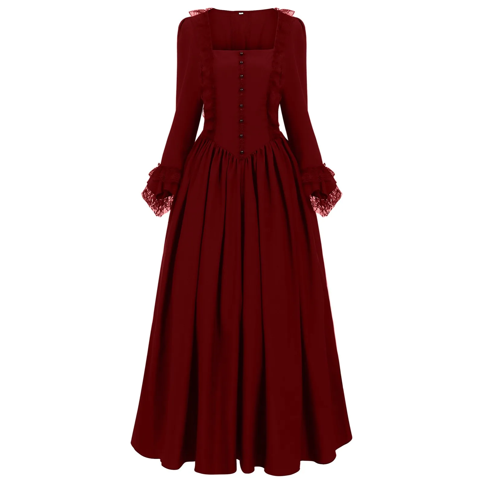 Retro Court Lace Long Dress Solid Color Square Neck Velvet Midi Evening Gowns with Button Festival Dance Performance Costumes