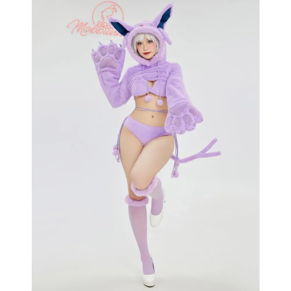 Mobbunny PM Derivative Furry Paw Sexy Lingerie Kawaii Purple Plush Homewear Paw Gloves Hoodie and Bra Panty with Stockings