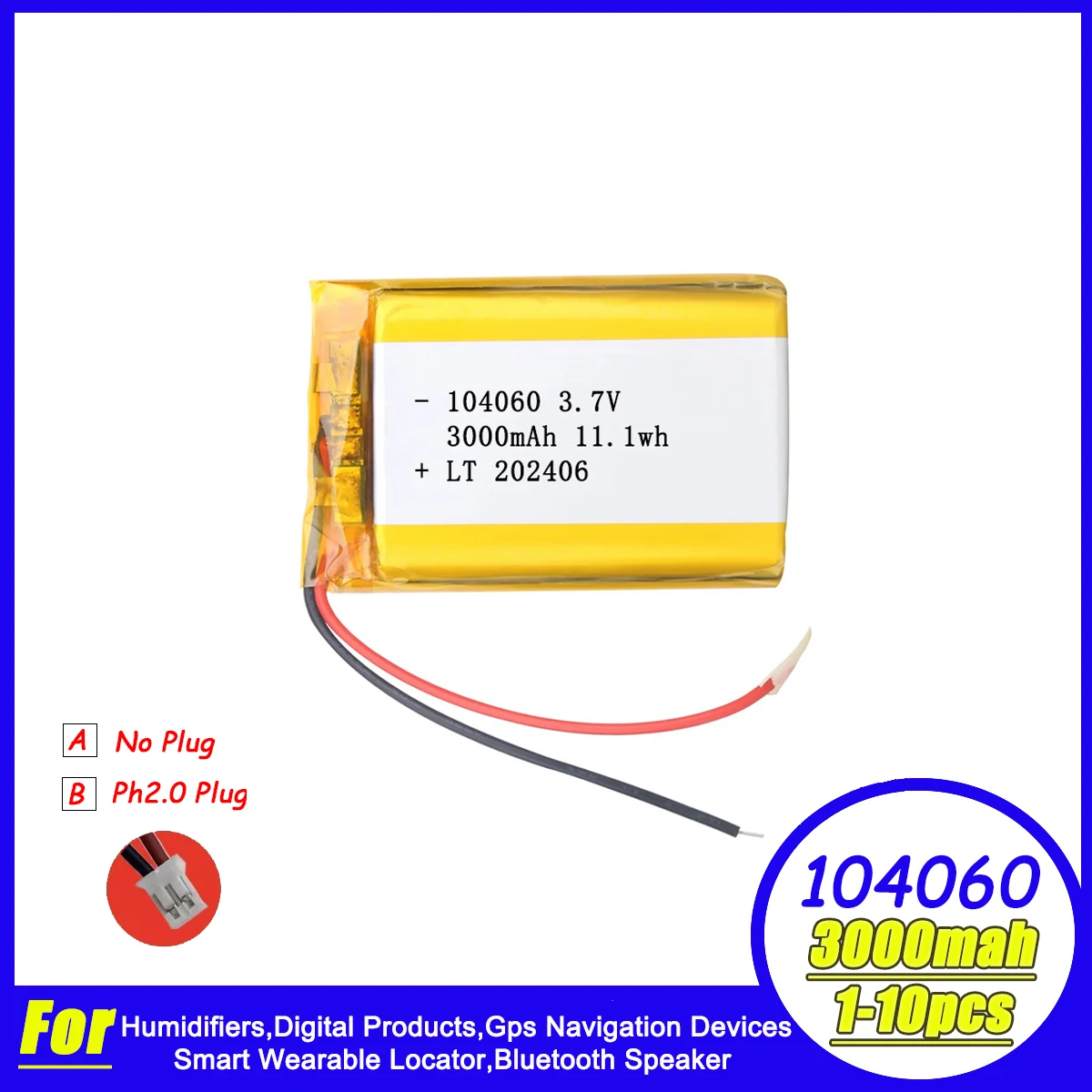 104060 Lithium Battery 3000mAh 3.7V Lipo Battery For Humidifiers Gps Navigation Devices Smart Wearable Locator Bluetooth Speaker