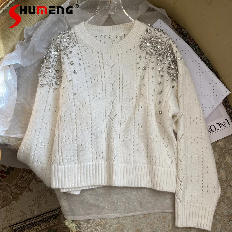 2023 Autumn New Ladies Fashion Elegant Beaded Diamond O-neck Sweater Women Trendy Rhinestone Thick Loose Long Sleeve Knitted Top