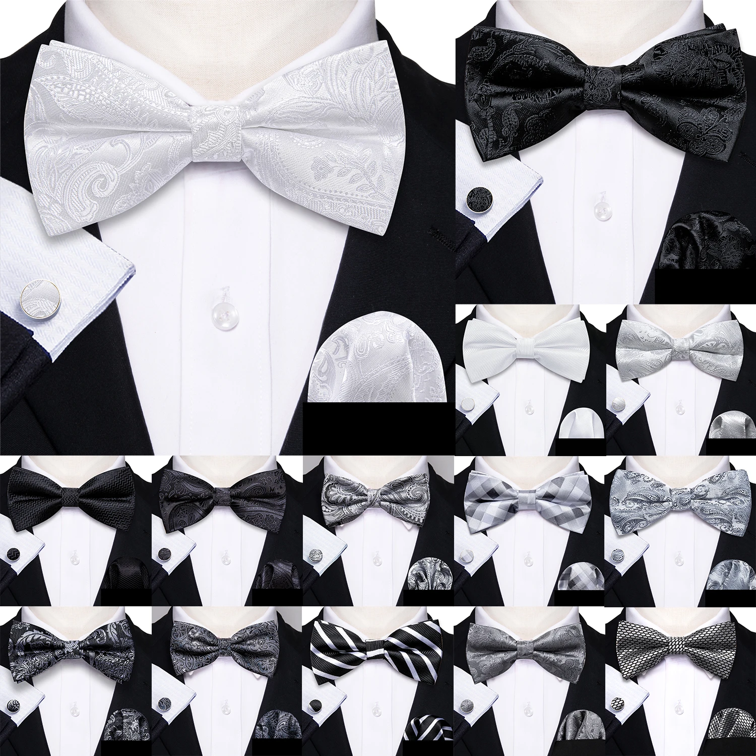 Barry.Wang - Corbata de Moño de Seda para Hombre en Blanco, Negro, Gris y Plateado, con Diseño Jacquard Paisley Floral, Pre-Atada, con Pañuelo de Bolsillo y Gemelos, para Bodas y Negocios