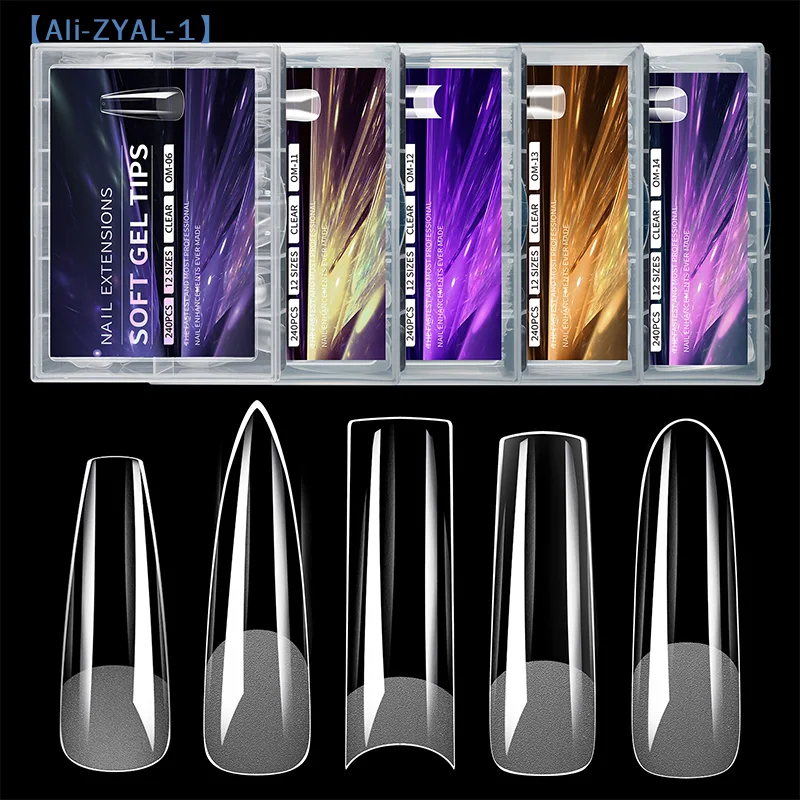 【ZYAL-1】False Nail Tips Soft Gel Fingertip Semi-matte Capsules Almond French Coffin Full Cover Artificial Fake Nails Extension
