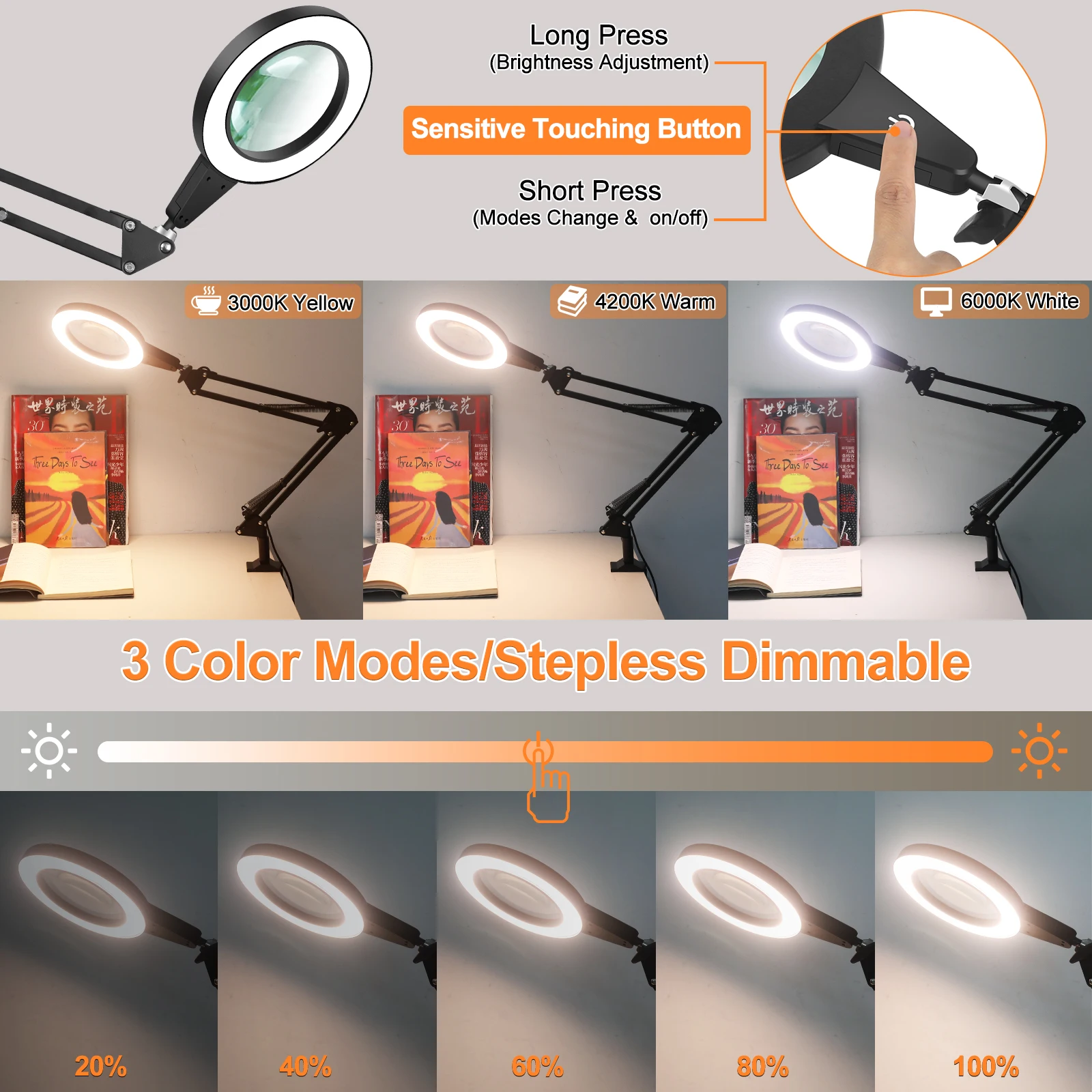 NEWACALOX 5X แว่นขยาย Touch Control แสง 108 SMD LED โคมไฟตั้งโต๊ะ 3 โหมดเชื่อมแว่นขยายสําหรับซ่อม