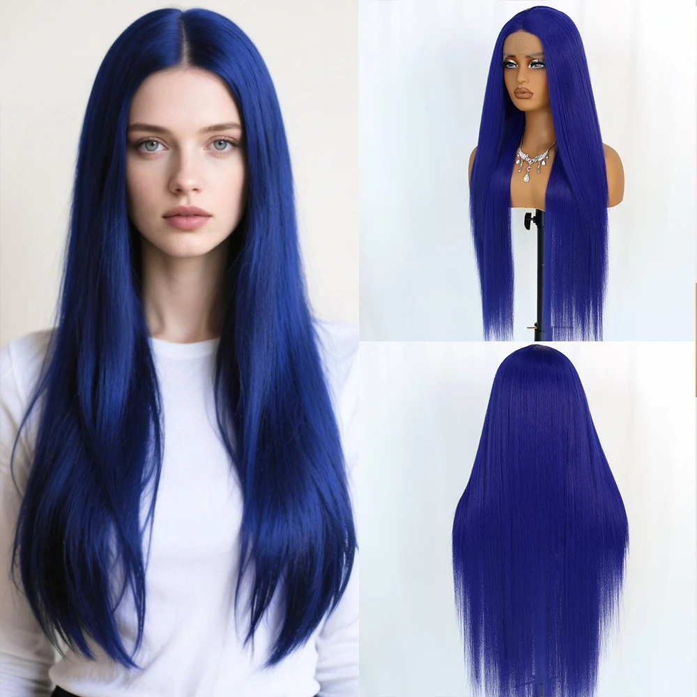 

Синтетический парик Aubree 13*4*1 T Lace Front для женщин, для повседневного использования и косплея, длинный прямой, 32 дюйма, 180% плотность, синие волосы, без клея