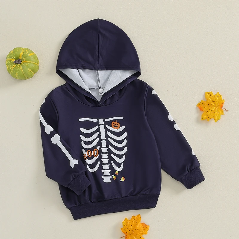 Toddler Halloween Hoodies Casual Long Sleeve Skeleton Spider Print Hooded Sweatshirts Fall Winter Tops