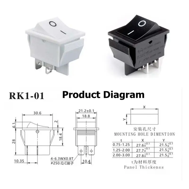 Uniteelec-Soken Black Rocker Switches RK1-01 16A 4Pins ON-OFF  Inverter Welding Machine Coffee Maker Switch