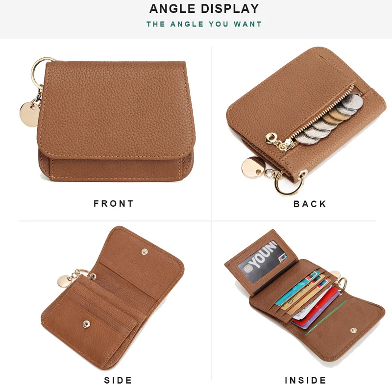 Luxury 100% Cowhide Leather Wallets with Key Ring Lady Small Coin Pocket Rfid Card Holder Mini Money Bag Portable Clutch Pink