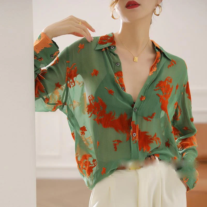 Fashion Lapel Button Printed Loose All-match Shirts Women\'s Clothing 2023 Autumn Oversized Casual Tops Commuter Blouses