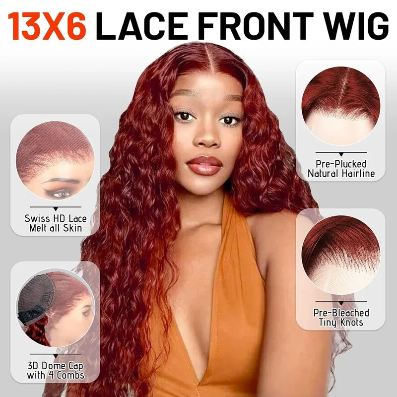 36Inch 13x6 Transparent Lace Front Wigs Reddish Brown Kinky Curly Human Hair Wig 13x4 HD Deep Wave Lace Frontal Wigs Copper Red