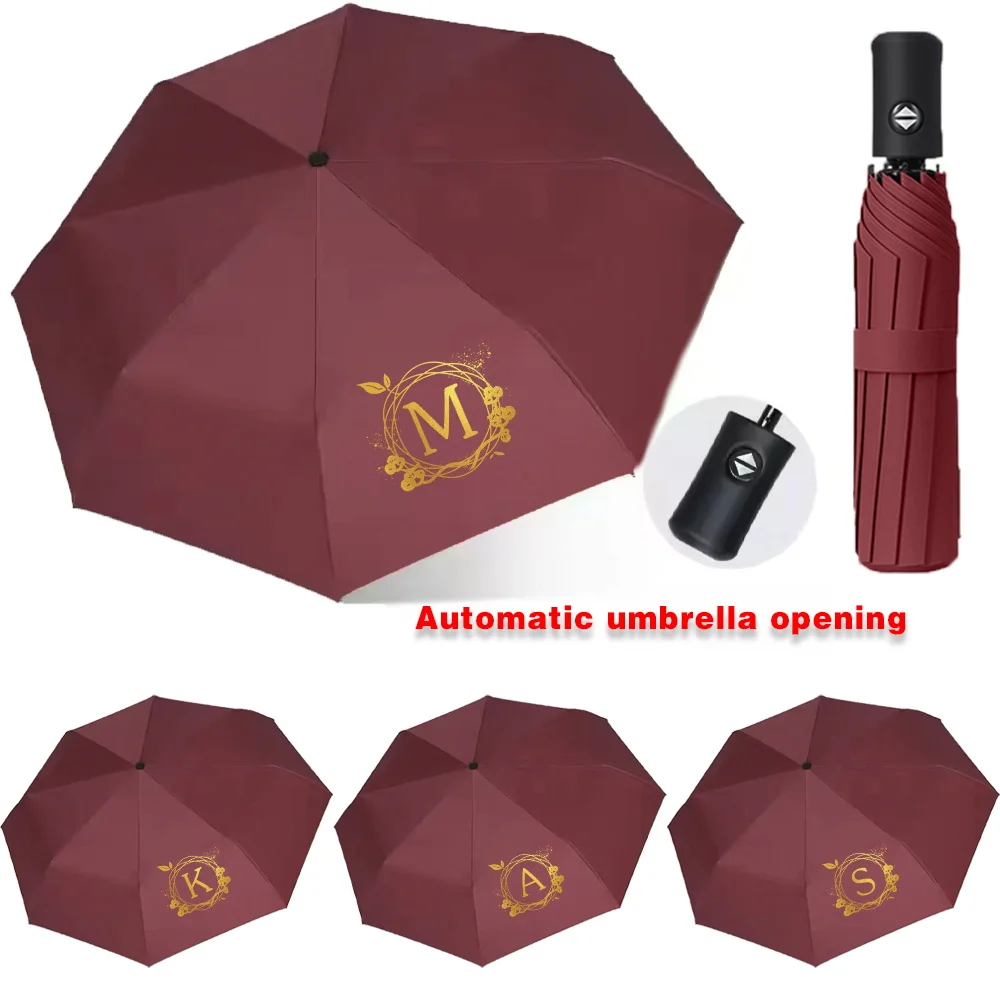 Automatic Umbrellas for Sunshine Rainy Windproof Strong Umbrella Folding Large Buckle Handle Double Bone Resistant Wreath Print