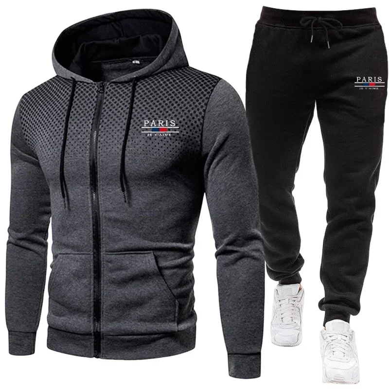 

Men 2 Piece Autumn Tracksuit Paris Style Zipper Hoodie & Sweatpants Casual Training Sportswear Outfit