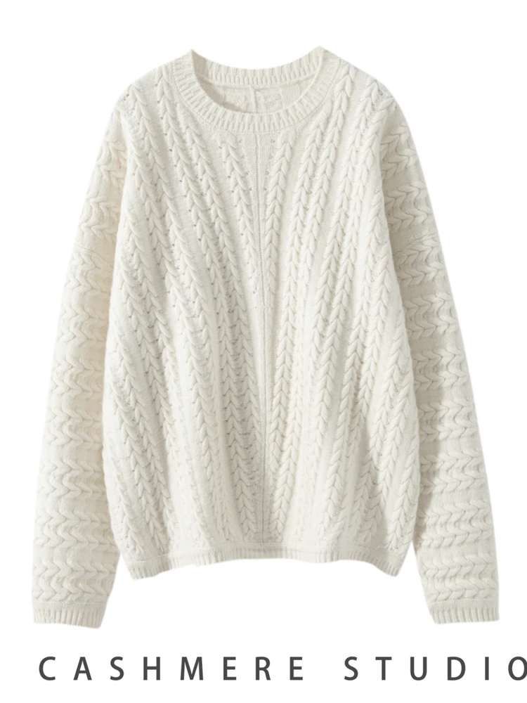 MEETCC ฤดูใบไม้ร่วงฤดูหนาวผู้หญิง CASHMERE Pullover O-คอทํางานหนัก 100% เสื้อกันหนาว CASHMERE CABLE Stitch หญิงสบายๆจัมเปอร์เสื้อ