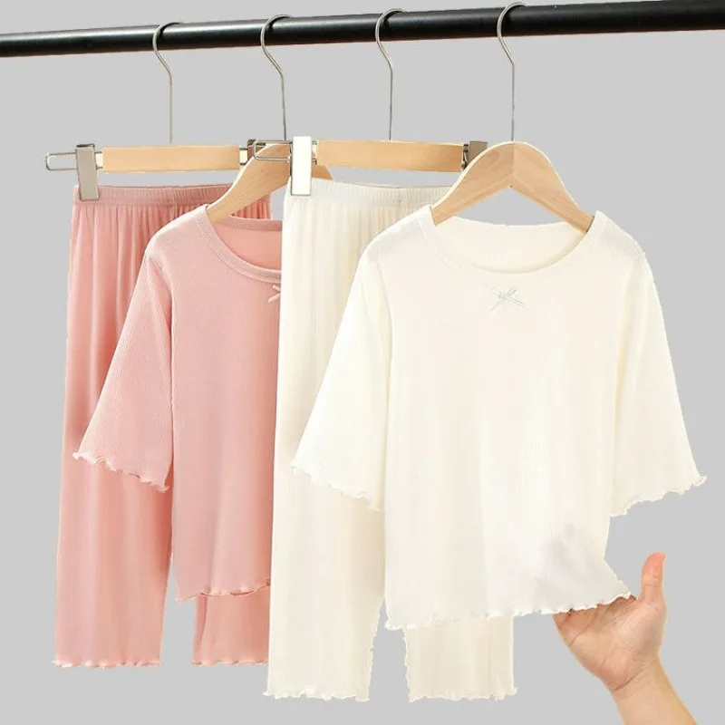 New Girls Ice Silk Pajama Set  Summer Thin Kids Home Wear  Short Sleeve Air Conditioning Clothes for Little Girls