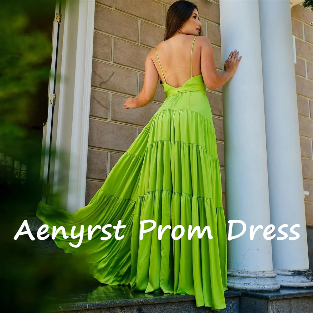 Aenpopst-Robe de Soirée en Satin Vert, Tenue de Bal de Forme Trapèze, avec Bretelles Spaghetti, Col en V, Dos aux, Longueur au Sol, pour Occasions Formelles