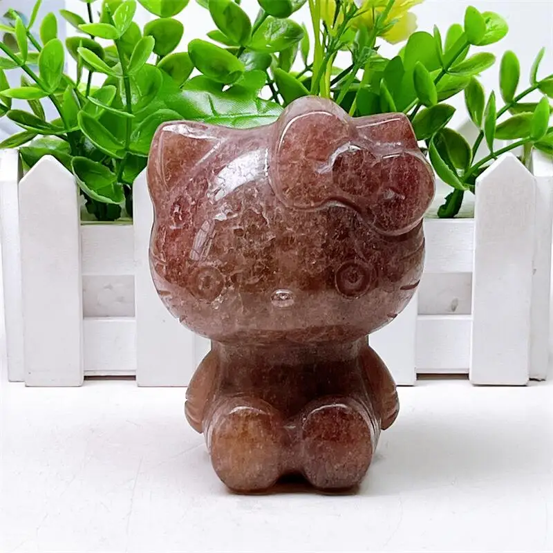 

Natural Strawberry Quartz Cartoon Cat Carving Healing Reiki Crafts Reiki Home Room Decoration Gift 1pcs