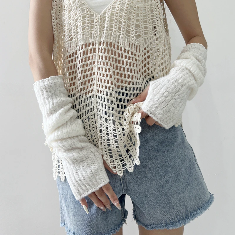 Autumn Winter Women Long Arm Sleeve Knitted Elastic Fingerless Gloves Student Arm Warmer Pile Mitten Cosplay Accessory