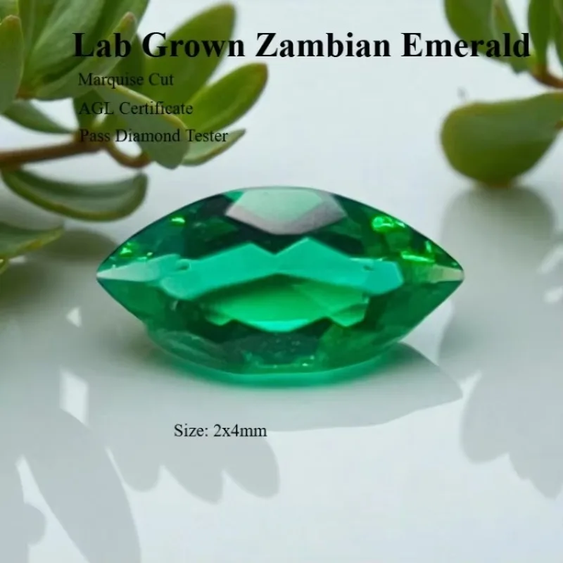 

Выращен в лаборатории Чэмбианский изумруд - гидротермический, ручная резка, огранка маркизы, с трещинами включения, с сертификатом AGL для ювелирных изделий