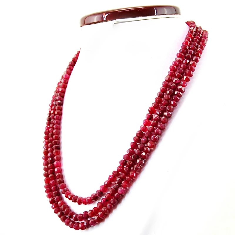 405.00 CTS EARTH MINED 3 STRAND RED RUBY ROUND SHAPE FACETED BEADS NECKLACE (DG)