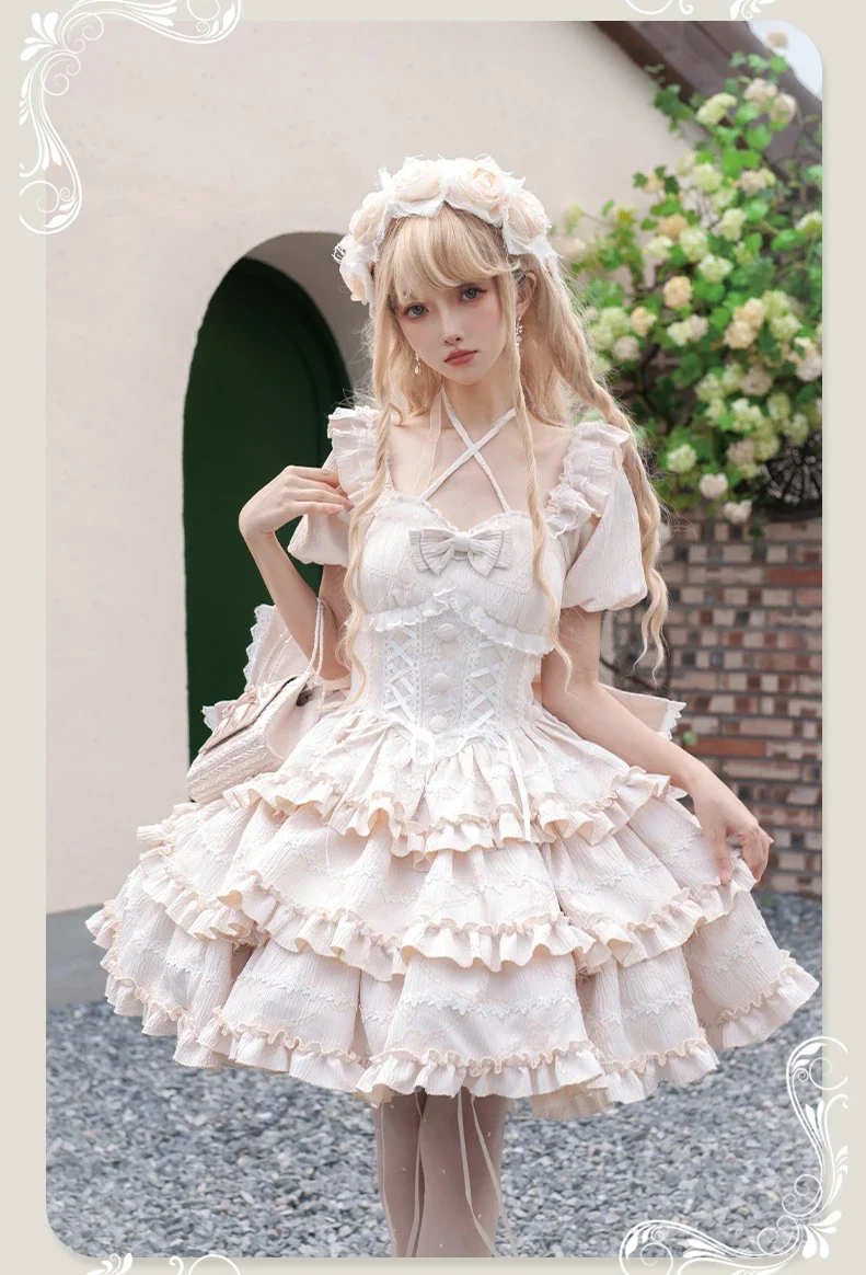 

Princess Lolita Dress for Women Japanese Sweet Cute Bow Halter Sexy Mini Dress Kawaii Slim Puff Sleeve Ball Gown Summer Dress