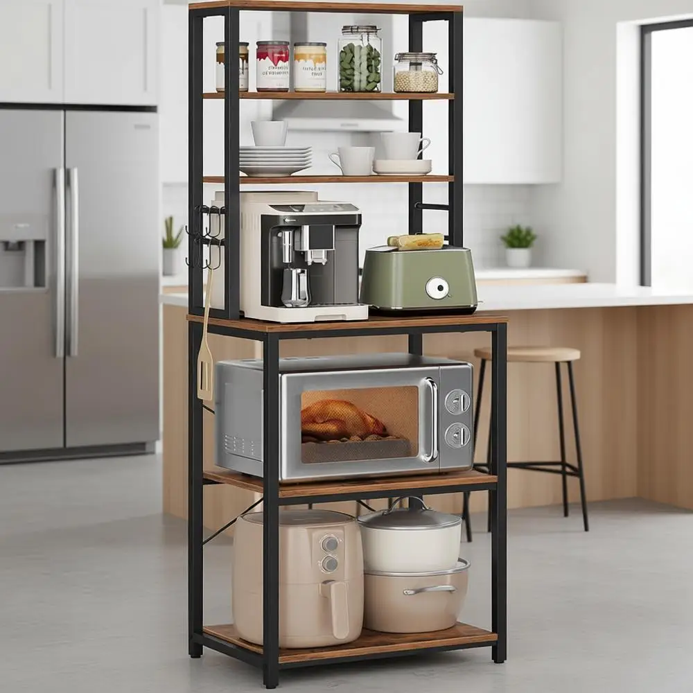 

Стеллаж для кухни 23,6 дюйма с местом для хранения, 6-ярусные полки, 6 крючков, подставка для микроволновки, в индустриальном стиле, цвета: коричневый и черный