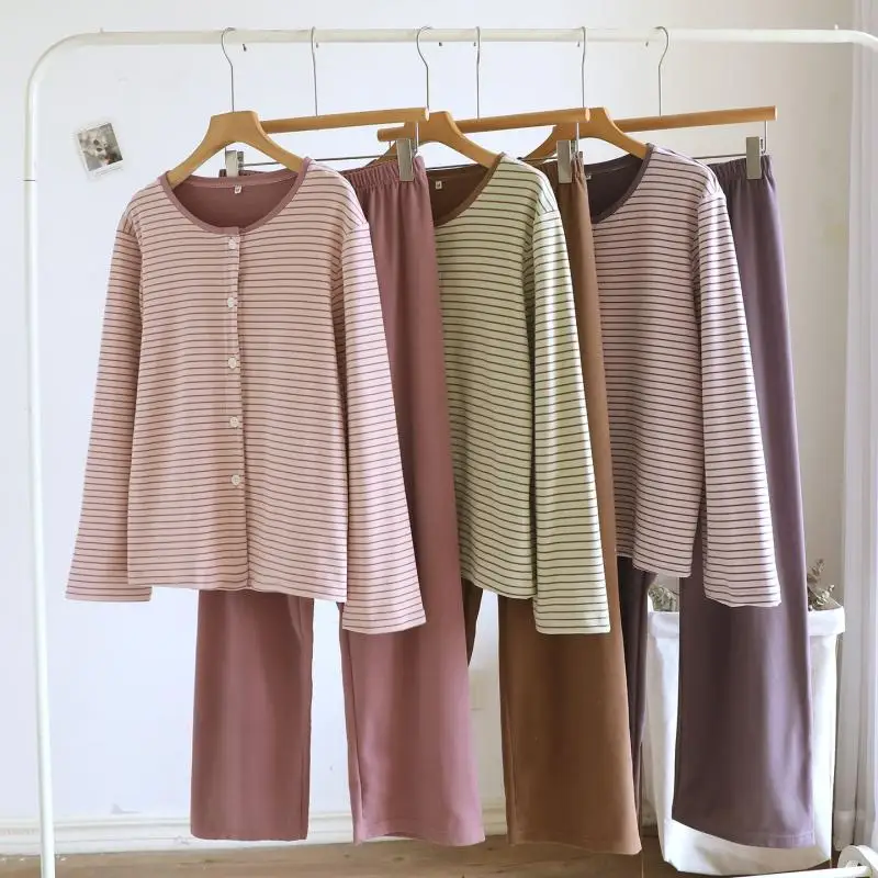 Ladies Warm Striped Home Clothing Set Round Neck Button Long Sleeve Top Loose Long Pants Soft Women Sleepwear Loungewear Pajamas