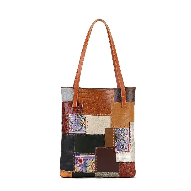 Vintage Large Work Tote Bag for Women Genuine Leather Handcrafted Patchwork Contrast Color Top Handle Luxury Shoulder Bag
