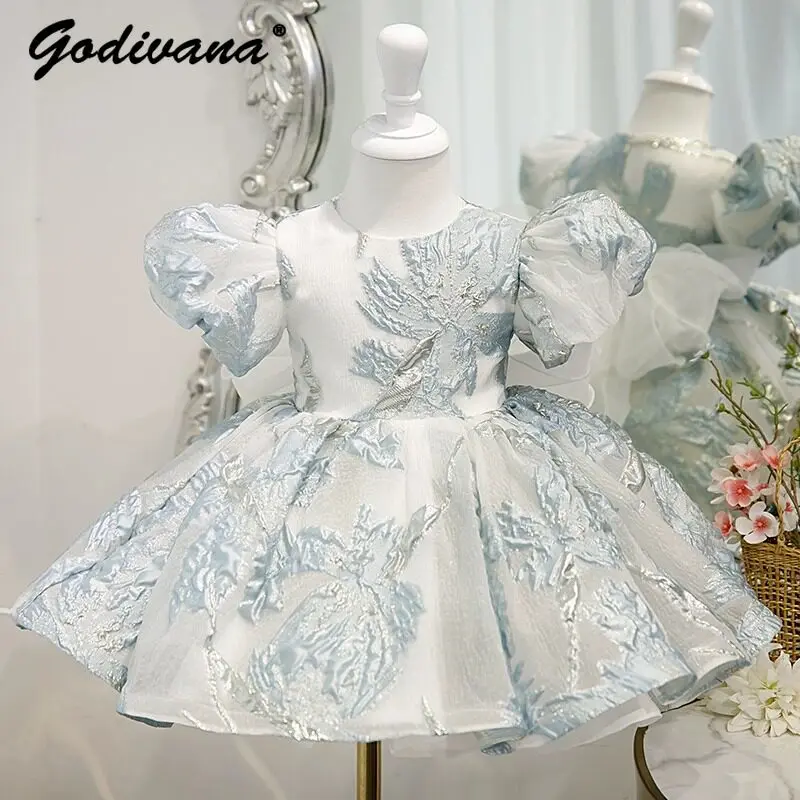 Kids Elegant Evening Princess Dress Baby Girls High End Heavy Embroidery Mesh Bow Puff Sleeve Host Piano Performance Ball Gown