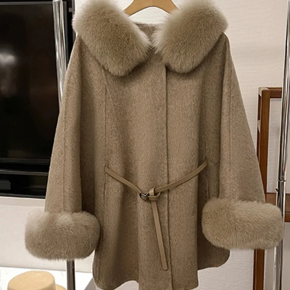 2024 Real Fox Fur Woolen Jacket New Fashion Winter Women's Hooded Belt Warm Luxury Thick Female Coat Cloat Type Batwing Sleeve