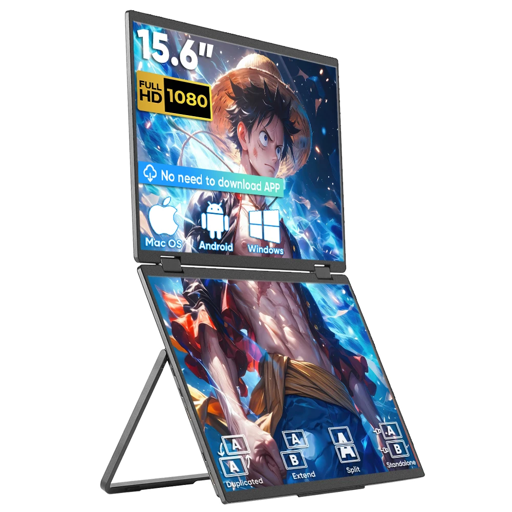 

15.6" Portable IPS Foldable Dual Stacked 1080P FHD Laptop Screen Extender Built-In Stand Single Cable Triple