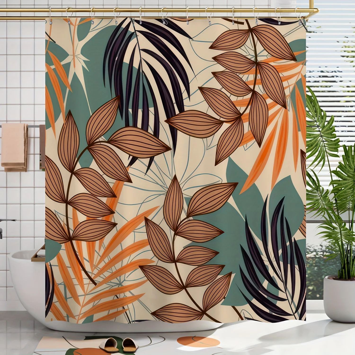 

1pc Tropical Leaf Print Shower Curtain - Modern Botanical Design, Machine Washable Polyester, Includes Hooks, Ideal for Spring