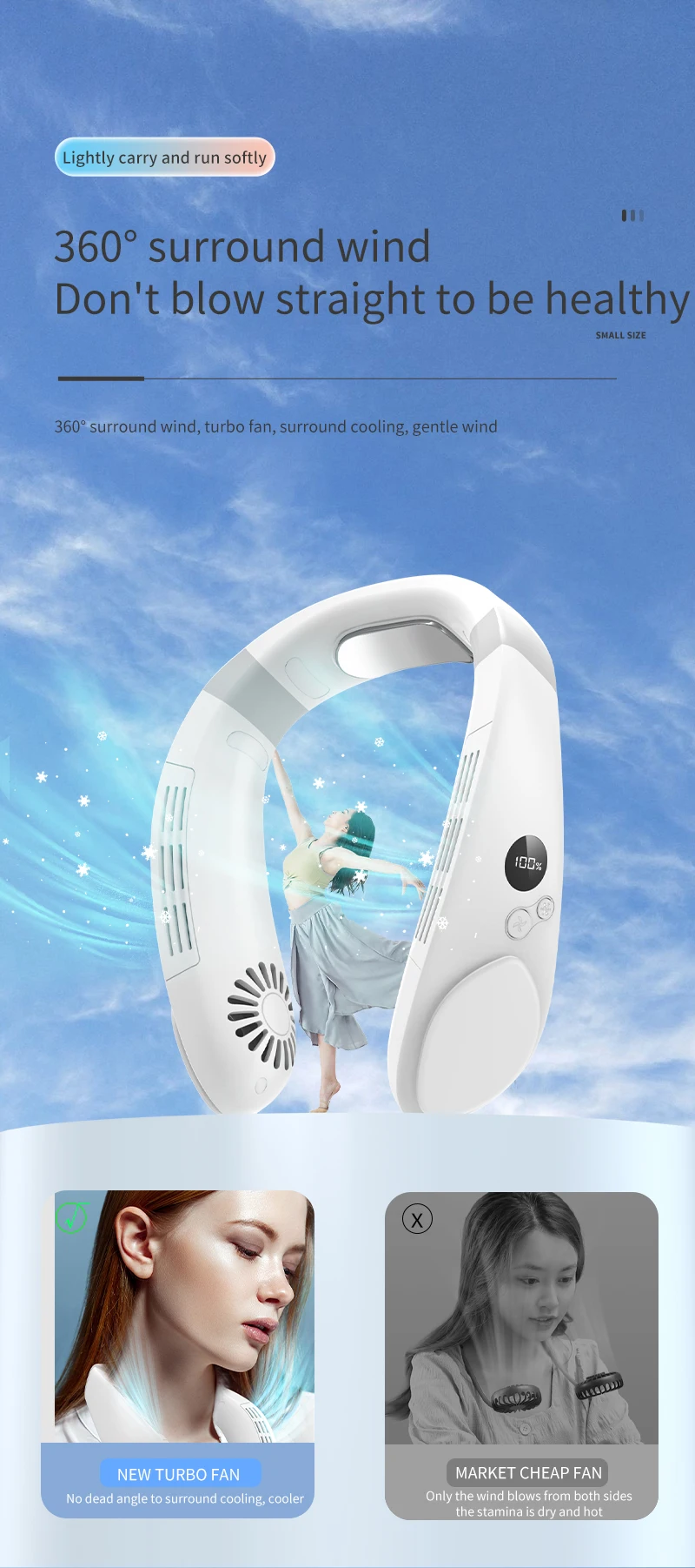 Màn Hình LED 4400Mah Bán Dẫn Ngoài Trời Đeo Giày Lười Treo Cổ Quạt Di Động USB Sạc Không Lá Quạt Làm Mát Không Khí