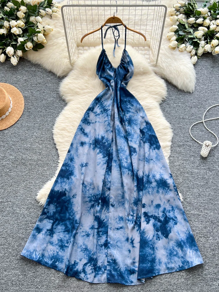 

Wedbleser French Retro V-neck Halter Strap Tie Dye Printed Dress Women Summer 2025 Sexy Backless Knee Length Dresses