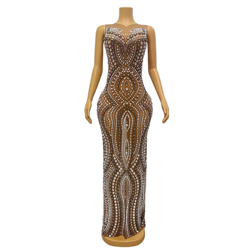 

Model Female Nightclub DJ Jazz Dance With Rhinestone Pearl Elastic Print Brown Mesh Wrap Buttocks Long Dress Nightclub Clothing