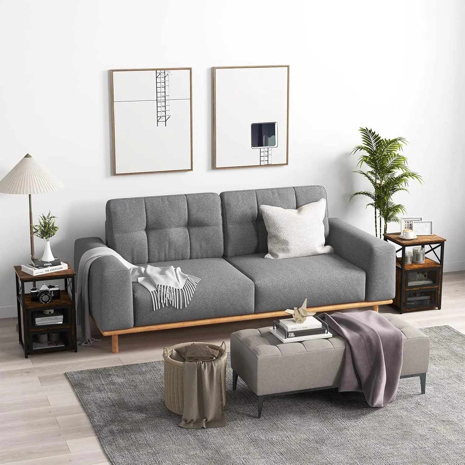 Industrial Bedside Table, Wooden End Sofa Side Table with 2 Flip Drawers and Open Shelf, Metal Frame Accent Table Nightstand for