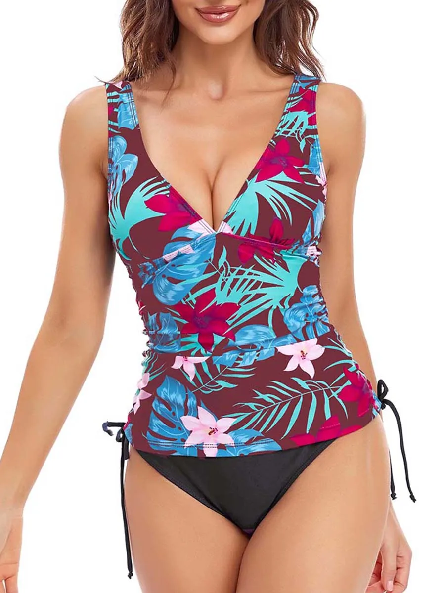 2024 Printed Tankini Two Pieces Swimsuit Women Tie Side Drawstring Swimwear Female Bathing Swimming Suit Beachwear Summer