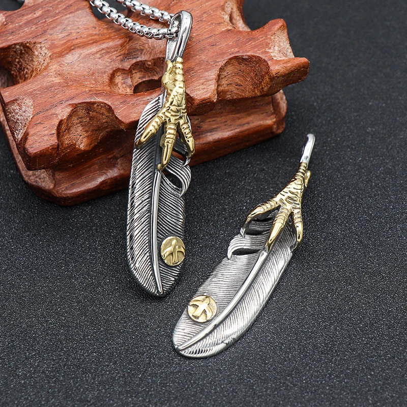

Титановое стальное ожерелье с подвеской в виде орлиного когтя и пера, корейский и японский стиль, модные украшения, мужской аксессуар, высококачественное изделие Wulang