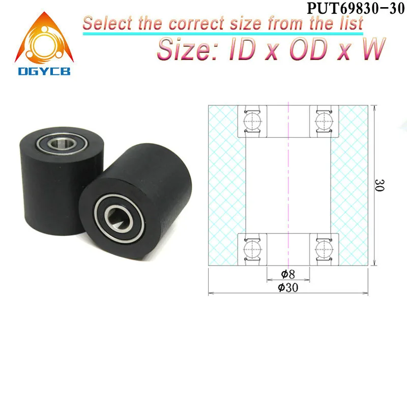 1pcs Diameter 30 mm Bore 8 mm Polyurethane Roller With Two Bearing Mute Flat Guide Wheel 8x30x20 mm PUT69830-20 PU Rubber Pulley