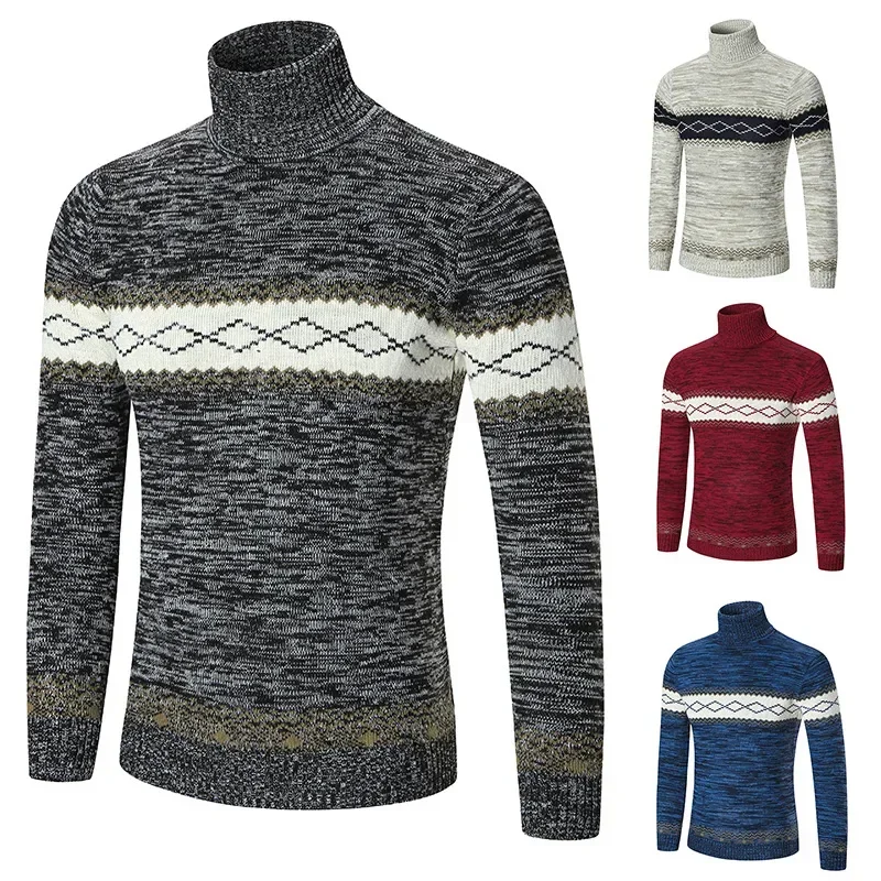 

2023 Foreign Trade Spring and Autumn Season New Men's Color Block Sweater Korean Version Slim Fit Pullover High Collar