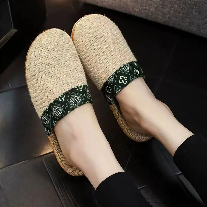 2024 Man's Summer New Baotou Flat Sole Linen Slippers Unisex Soft Sole No Slip Home Silent Slipper Anti Odor Floor Slippers