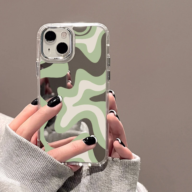 Wavy Pattern Painted Case For iPhone 14 Funda Makeup Mirror Cases For iPhone 15 11 14 12 13 Pro Max X XR XS Max Shockproof Cover