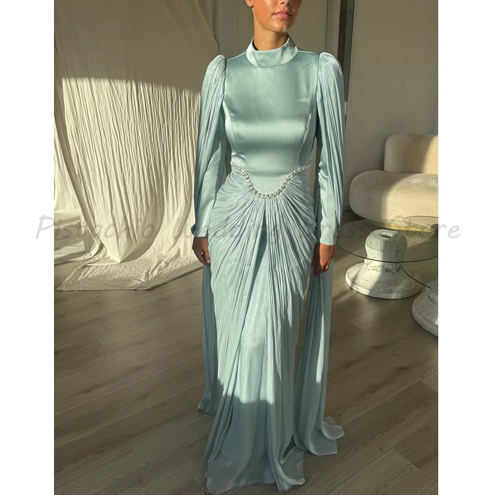 

Mint Green High Neck Cape Sleeve Evening Gown with Rhinestone Beaded Waist Pleated Chiffon Formal Maxi Dress