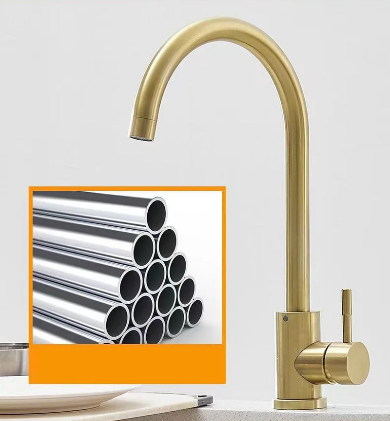 

Золотой кухонный смеситель из нержавеющей стали, вращающийся на 360 градусов смеситель для раковины с горячей и холодной водой, одна ручка, насадка для смесителя для умывальника для ванны