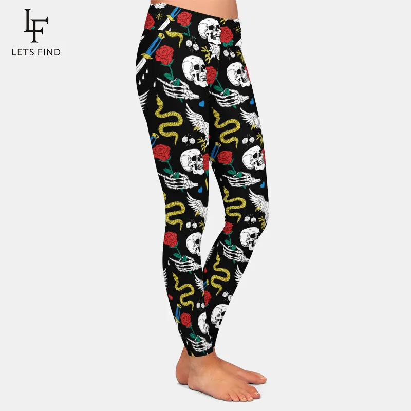 LETSFIND 220gsm Double Side Brushed Soft Milk Silk Skull and Rose Print High Waist  Leggings Fashion Fitness Women Pant